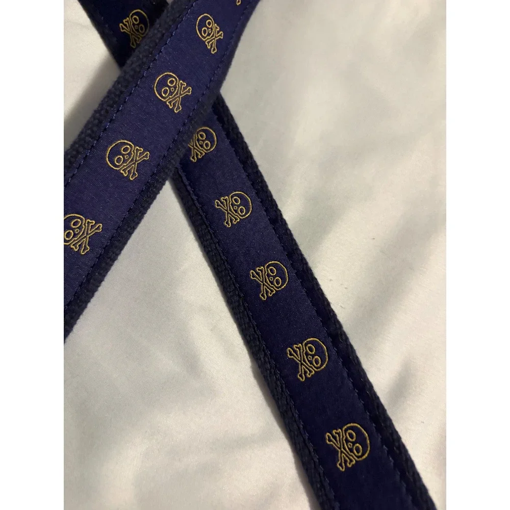 Navy‎ Blue Canvas Web Belt Gold Skull Crossbones Embroidered D-Ring Buckle